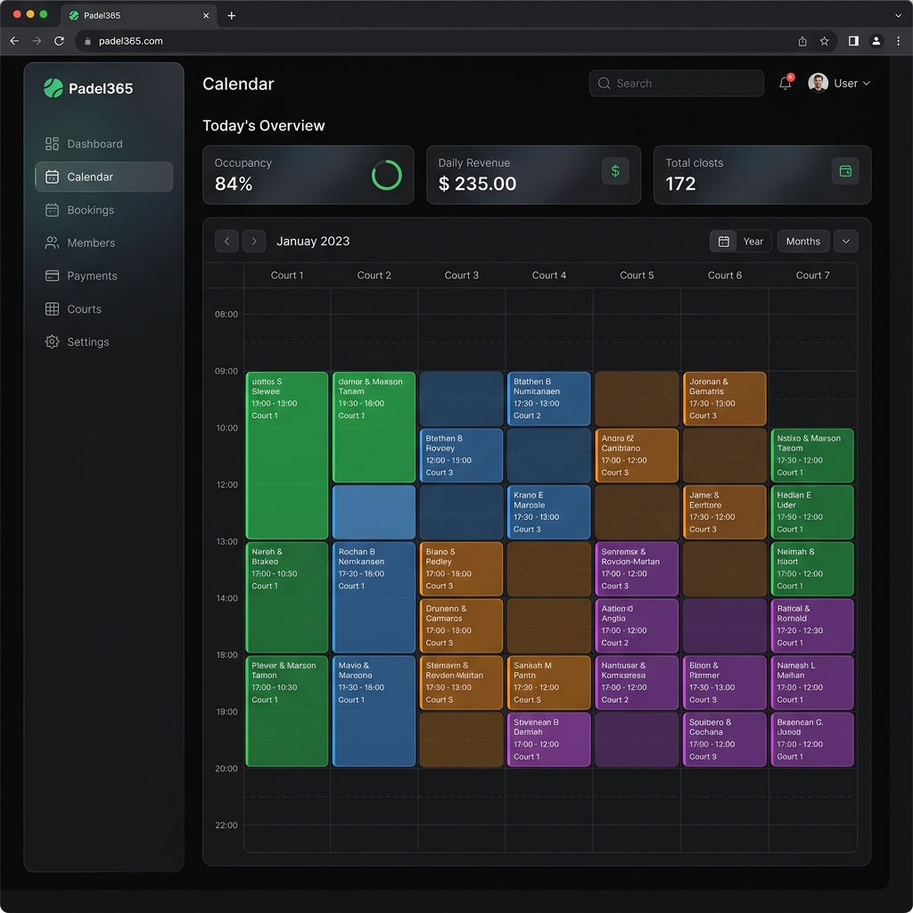 Dashboard del club: ocupacion, revenue y reservas